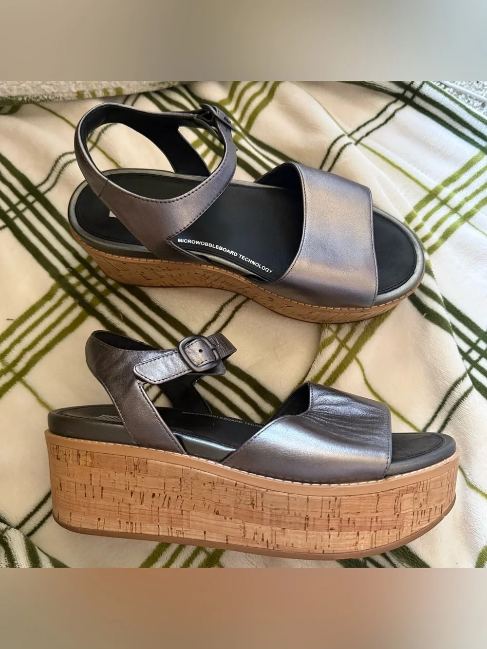 Fitflop Metallic Gray Platform Sandals with Cork-Look Wedge